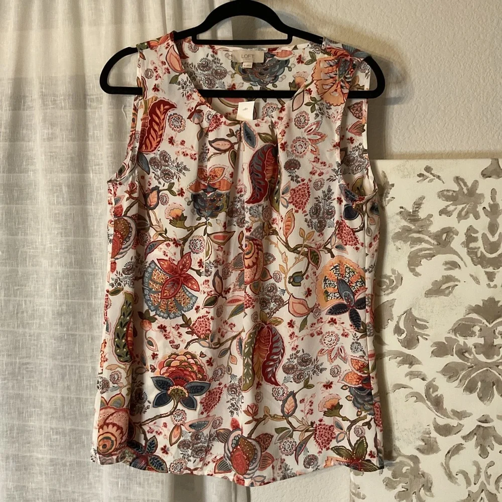 LOFT Floral Sleeveless Blouse - Maroon and Blue - Picture 1 of 6